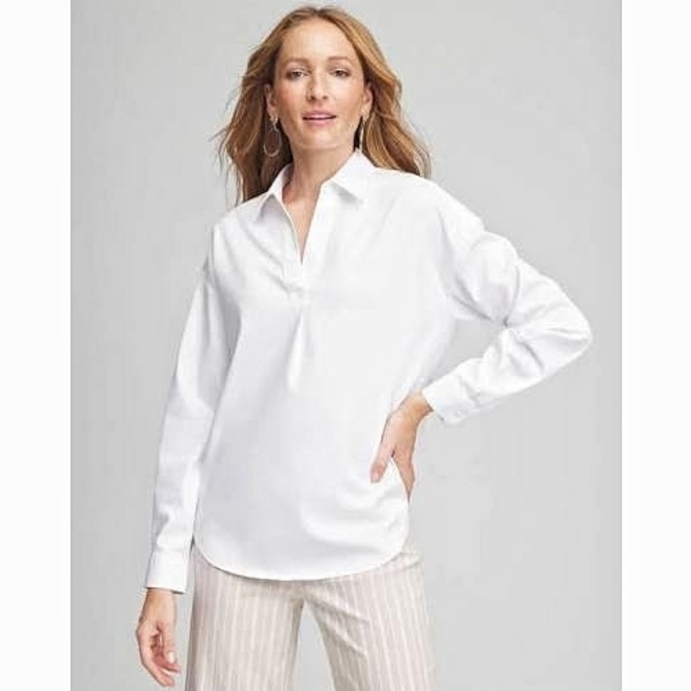 NWT Chico's No Iron Oxford Tunic Button Detail Popover| Optic White| Medium